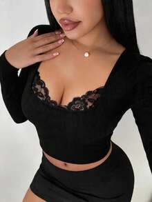 SHEIN SXY Women Plus Size Elegant Lace Collar Splice Slim Fit Long Sleeve T-Shirt - Black - View 1