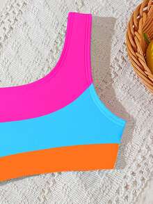 SHEIN Playful Pals Baby Girls' Beachwear,Cute Infant Patchwork Knit Fabric Swimsuit With Shoulder Straps,Waist Hollow Design One-Piece Triangle Swimwear For Summer Pool - Multicolor - View 3