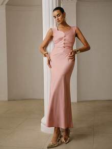 ZEYLAH Langes Kleid mit geraffter Taille und Meerjungfrauensaum, ohne Ärmel - Pink - Übersicht 6