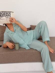 SHEIN Striped Lapel Short Sleeve Pajama Set For Women - Mint Green - View 4