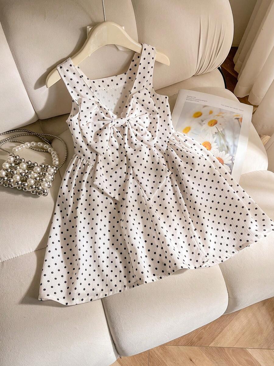 SHEIN Đầm hè cho bé gái, kiểu dáng trễ vai, không tay, in chấm bi, thiết kế lưng chữ V với khóa kéo ẩn, nơ lớn có thể tháo rời, đa năng, thích hợp cho kỳ nghỉ biển. - Màu be - Xem 1