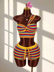 Amplova Women's Striped Twist Knot Sleeveless Top And Shorts 2 Pieces Set, Vacation - Multicolor - View 3