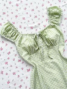 Elamini Đầm ngắn ôm dáng mùa hè dành cho nữ, chất liệu cotton, màu xanh lá cây trơn, kẻ caro, tay phồng. - màu xanh lá - Xem 3