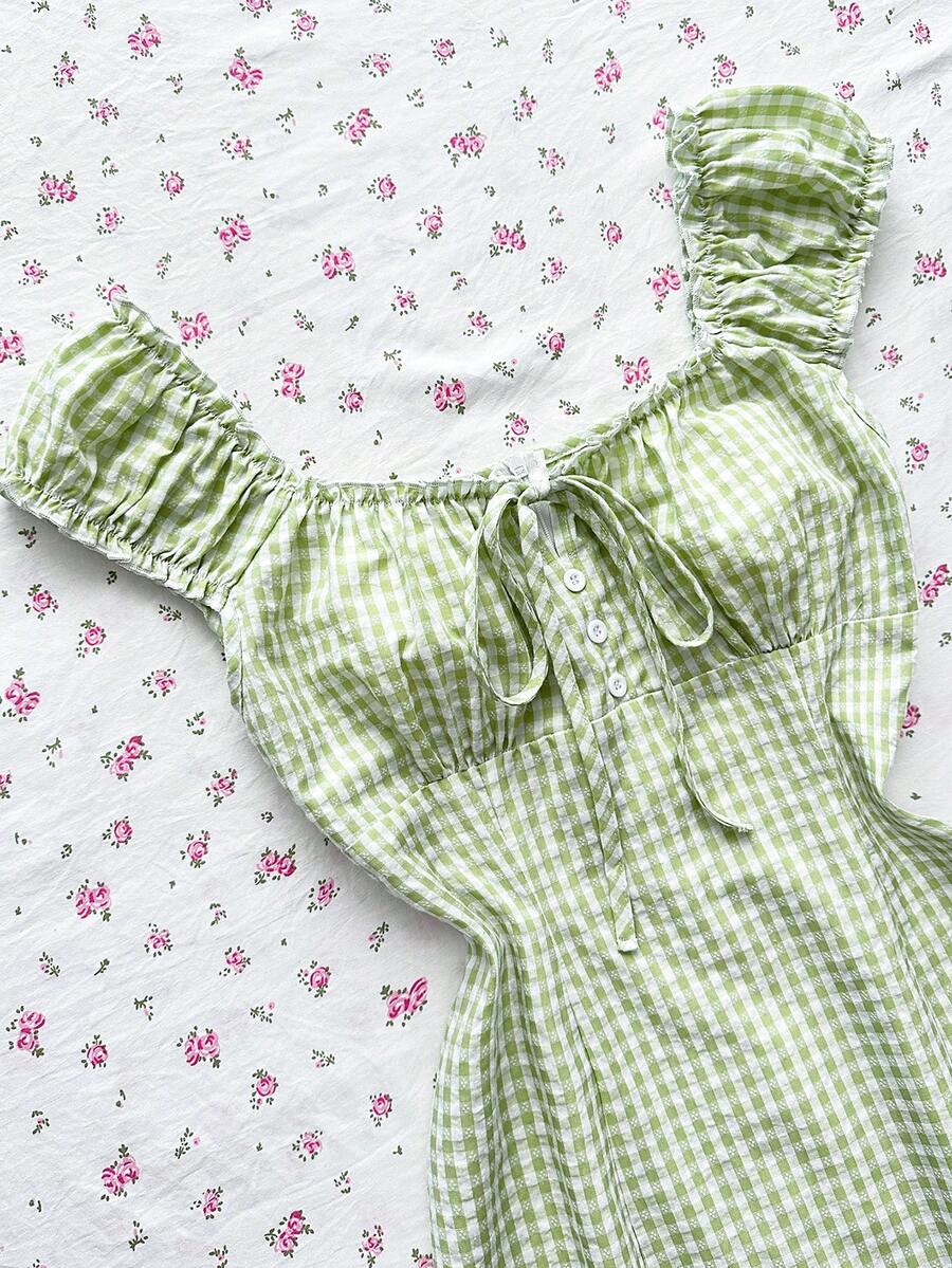 女士夏季复古纯棉绿色格子修身迷你连衣裙，带泡泡袖 - 綠色 - 查看 1