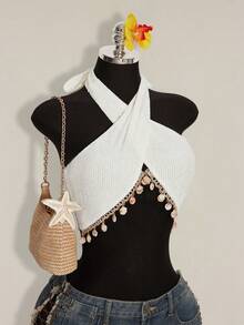 SHEIN ICON Women's Solid Color Halter Tie-Up Sexy Versatile Casual Top - White - View 3