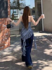 DAZY 韩版女士温柔夏季格子荷叶边不对称吊带休闲吊带衫 - 藍色 - 查看 2