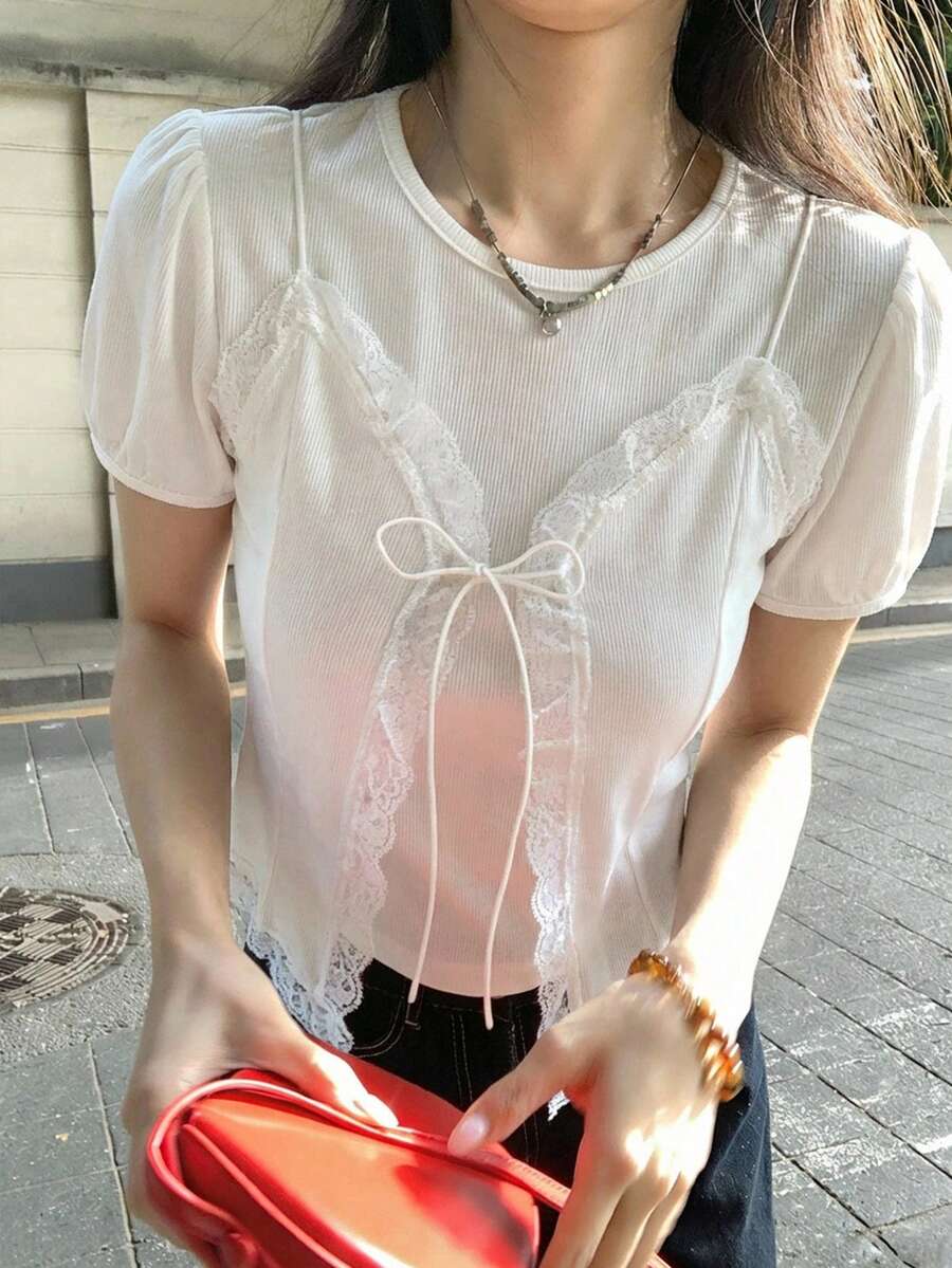 DAZY 女士二合一蕾丝拼接圆领短袖T恤 夏季 - 白色 - 查看 1