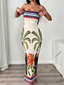 INAWLY Vestido sin tirantes de moda con estampado de palmeras, adecuado para vacaciones - Multicolor - Ver 4