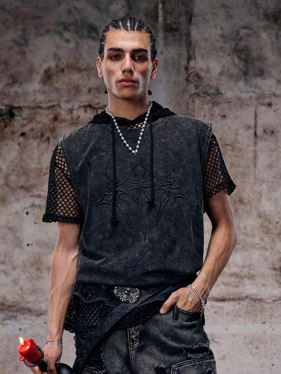 Skyrend Camiseta sin mangas vintage desgastada para hombre con detalles lavados con ácido, adecuada para uso casual diario, primavera/verano, emo, estilo emo de los años 2000 - Negro - Ver 1