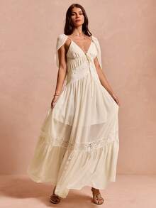 Enchnt Vestido elegante de mujer de gasa con encaje de contraste y fluido - Albaricoque - Ver 1