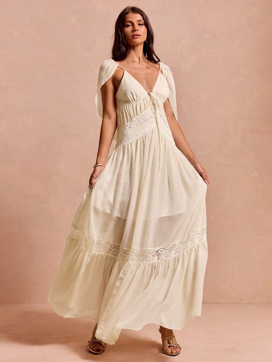 Enchnt Vestido elegante de mujer de gasa con encaje de contraste y fluido - Albaricoque - Ver 1