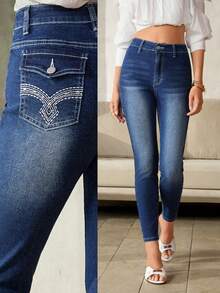 Selenza Jeans casuales de cintura alta y silueta ajustada con bordados para mujer - Azul - Ver 1