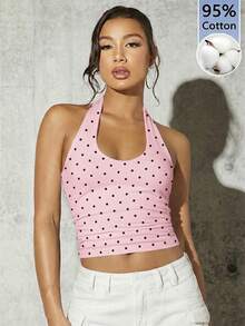 SHEIN BAE 95%棉粉色底棕色波点印花图案女士吊带背心，适合夏季穿着 - 彩色 - 查看 7