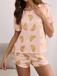 SHEIN Set Piyama Anak Perempuan Lucu Lengan Pendek dan Celana Pendek Motif Croissant Kartun - Coral Pink - View 5