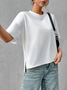 SHEIN Essnce Bộ 2 áo thun nữ tối giản, cơ bản, 95% cotton, tay ngắn trước, lưng dài, kiểu dáng thanh lịch, phù hợp cho các buổi đi chơi, phối đồ, du lịch, nghỉ mát. - Nhiều màu - Xem 5