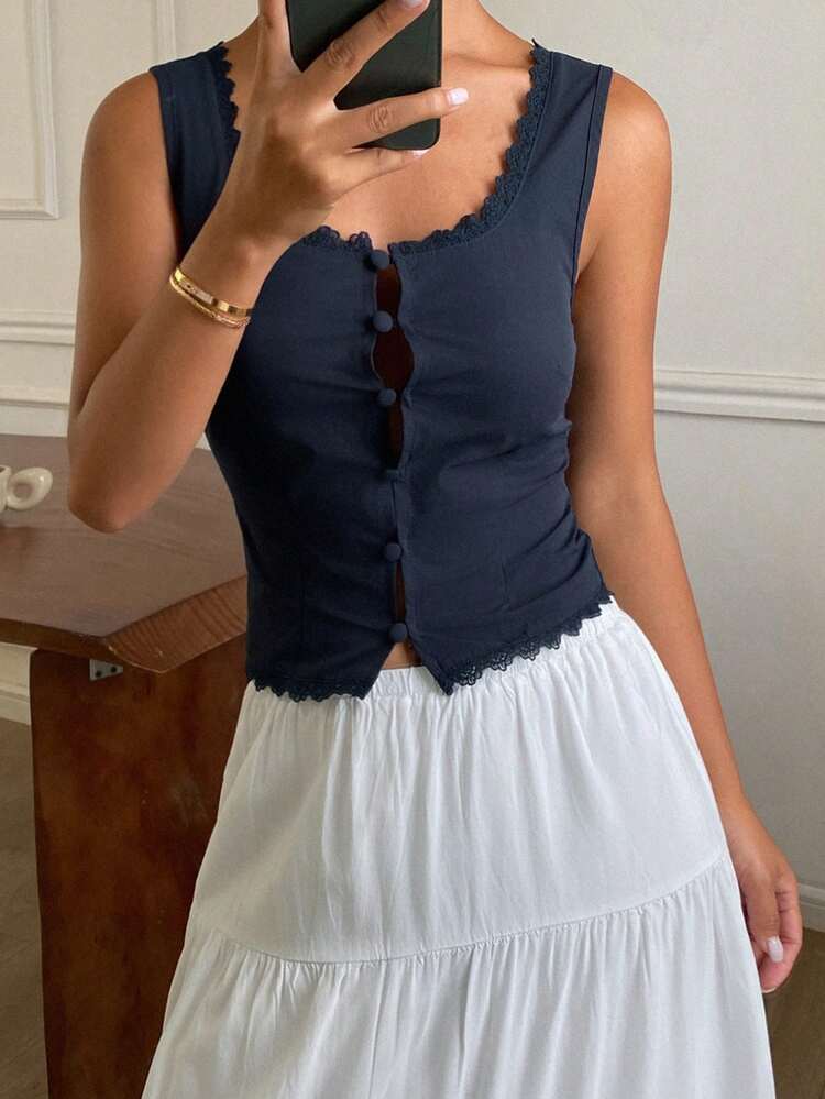 Women's Solid Color Contrast Lace Cropped Casual Vacation Summer Tank Top