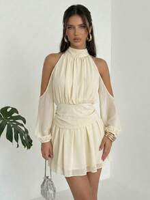 Firerie Women's Chiffon Elegant Off-Shoulder Lantern Sleeve Solid Color Dress, Romantic Ruffle Hem, Suitable For Spring/Summer, Elegant, Commute, Date, Music Festival, Wedding Season, Graduation, Prom - Apricot - View 2