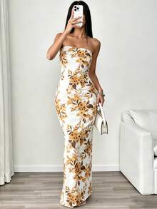 Casual Holiday Color Block Denim Print Effect Dress - Champagne - View 3