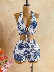 Soleia Bộ 2 món gồm áo tank top cổ yếm và quần short in họa tiết nhiệt đới mới, thích hợp cho tiệc tùng, hẹn hò, ngày Valentine, lễ Phục sinh, lễ hội hóa trang, tiệc trà chiều, đi biển, du thuyền, kỳ nghỉ thành phố. - Nhiều màu - Xem 6