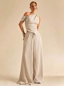SHEIN BAE Bộ đồ 2 món màu mơ gồm áo tay ngắn bất đối xứng vai và quần ống rộng cạp cao, thích hợp cho các chuyến đi chơi mùa hè, kỳ nghỉ và đi biển. - Màu be - Xem 5