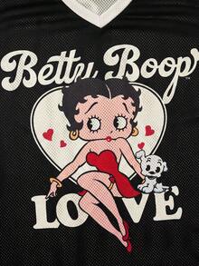 Betty Boop x SHEIN 大尺碼女款卡通印花V領落肩休閒圖案街頭風T恤 日穿黑色夏季 - 黑與白 - 查看 7