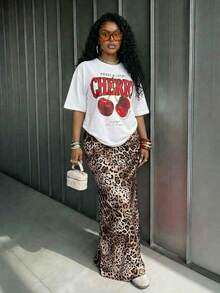 Slaydiva Women's Summer Streetwear Casual City Break Beige Two Pieces Set,Loose Cherry Pattern Crew Neck Short Sleeve T-Shirt High Waisted Leopard Skirt - White - View 2