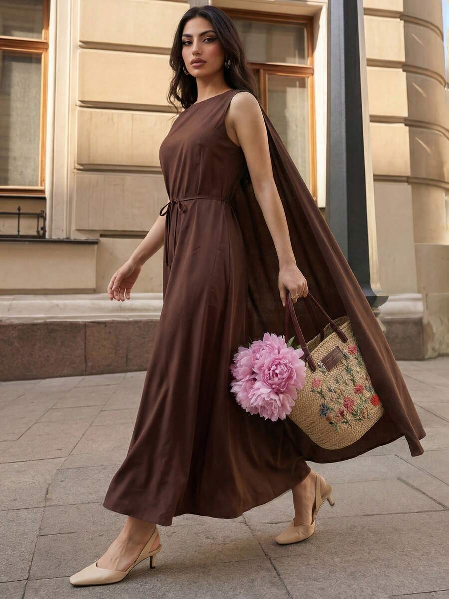 Duskaine Fashionable Elegant Sexy Round Neck Tie-Waist Fitted Women Dress Golf Pastal Summer - Brown - View 1
