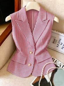 GlowEve 女士多功能条纹纽扣薄款西装背心外套 - 紅色 - 查看 1