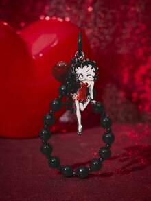 Betty Boop x SHEIN 1 قطعة حافظة هاتف محمول مع سلسلة معدنية قصيرة مزينة بخرز أحمر وأسود على شكل بيتي بوب، مناسبة للسيارة والمفاتيح - متعدد الألوان - مشاهدة 1