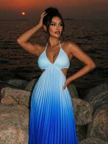 Women's Summer Casual Ombre Pleated Hollow Out Halter Dress Party - Blue - View 1