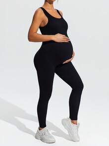 SHEIN Maternity Casual Solid Color Elastic Round Neck Jumpsuit,Word Cup - Black - View 6