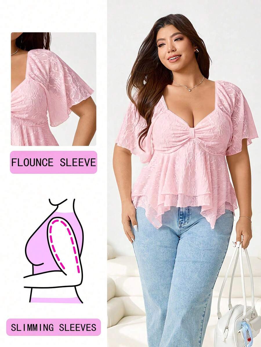 Solflare Cute Pastel Pink Summer Tea Party Plus Size T-Shirt,Sweetheart Neckline Chest Ruching Jacquard Knit Top With Ruffle Flounce Sleeve&Asymmetric Hem - Pink - View 1