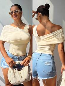 SHEIN SXY 女士优雅不对称肩部无袖上衣，适合夏季户外穿着 - 淡黃色 - 查看 6