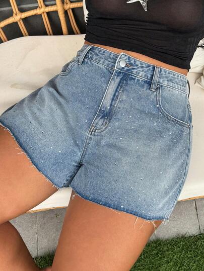 Dazy Plus Summer Frayed Rhinestone Casual Denim Shorts, Sexy & Versatile, Plus Size