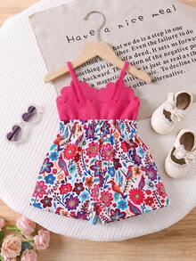 SHEIN Baby Girl Knitted Solid Color Patchwork Ditsy Floral Jumpsuit - Multicolor - View 2