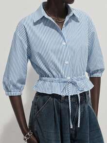 SHEIN Luminelle Striped Waist Cinching Shirt, Suitable For Summer Vacation, Commute And Outings - Blue - View 6