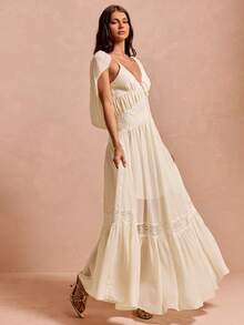 Enchnt Vestido elegante de mujer de gasa con encaje de contraste y fluido - Albaricoque - Ver 4