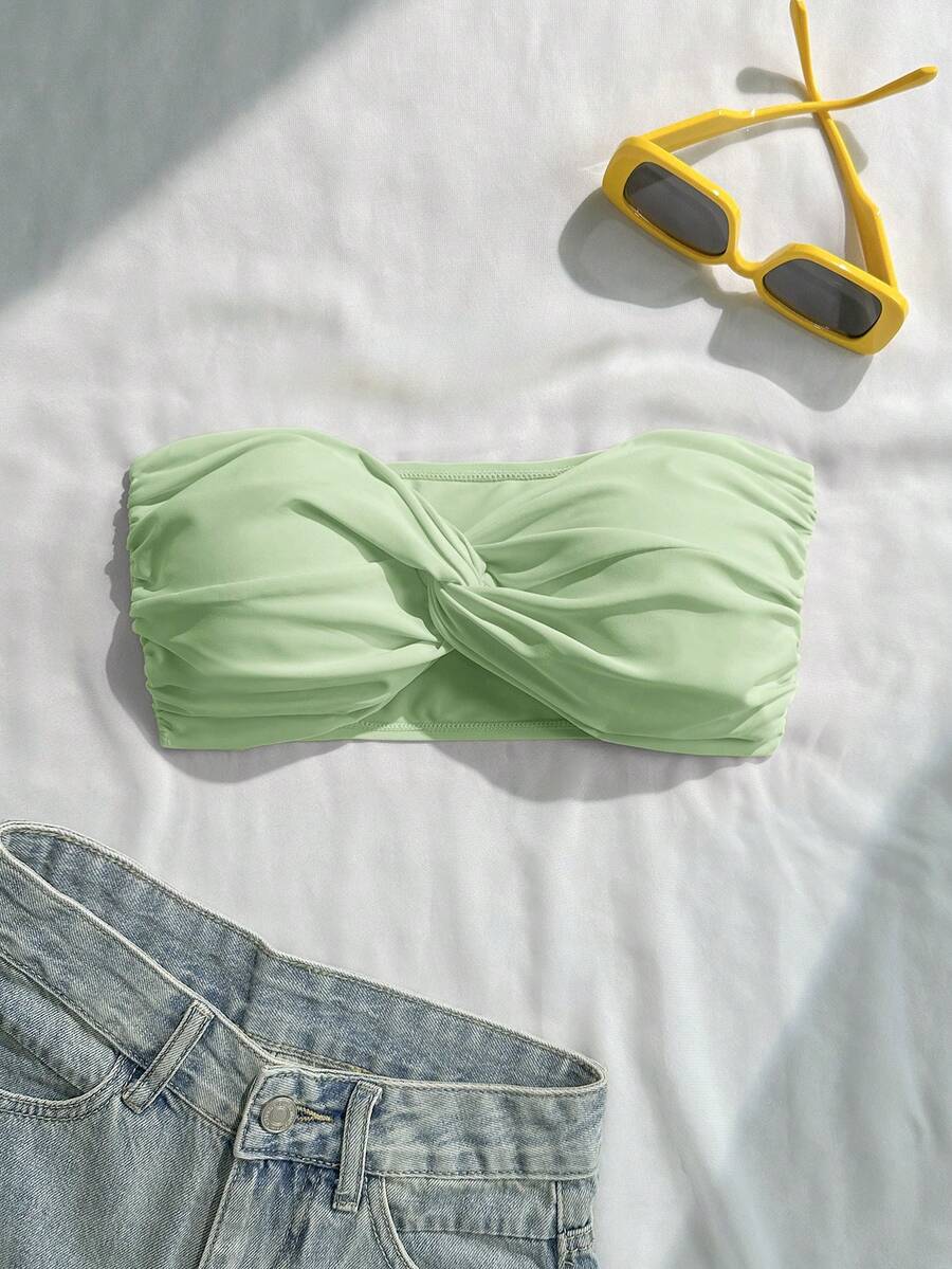 Swim Basics 女士时尚多功能前系带褶皱抹胸比基尼泳装 - 薄荷綠 - 查看 1