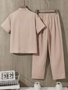 SHEIN 两件套儿童/青少年男童休闲舒适立领开襟宽松短袖衬衫和直筒宽松裤套装 - 杏色 - 查看 2