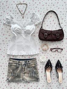 Women's Polka Dot Petal Sleeve Button-Up Shirt - White - View 1