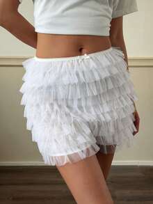 DAZY White Mesh Layered Puff Shorts For Women Summer Date Night Party Cute Fairy - White - View 4