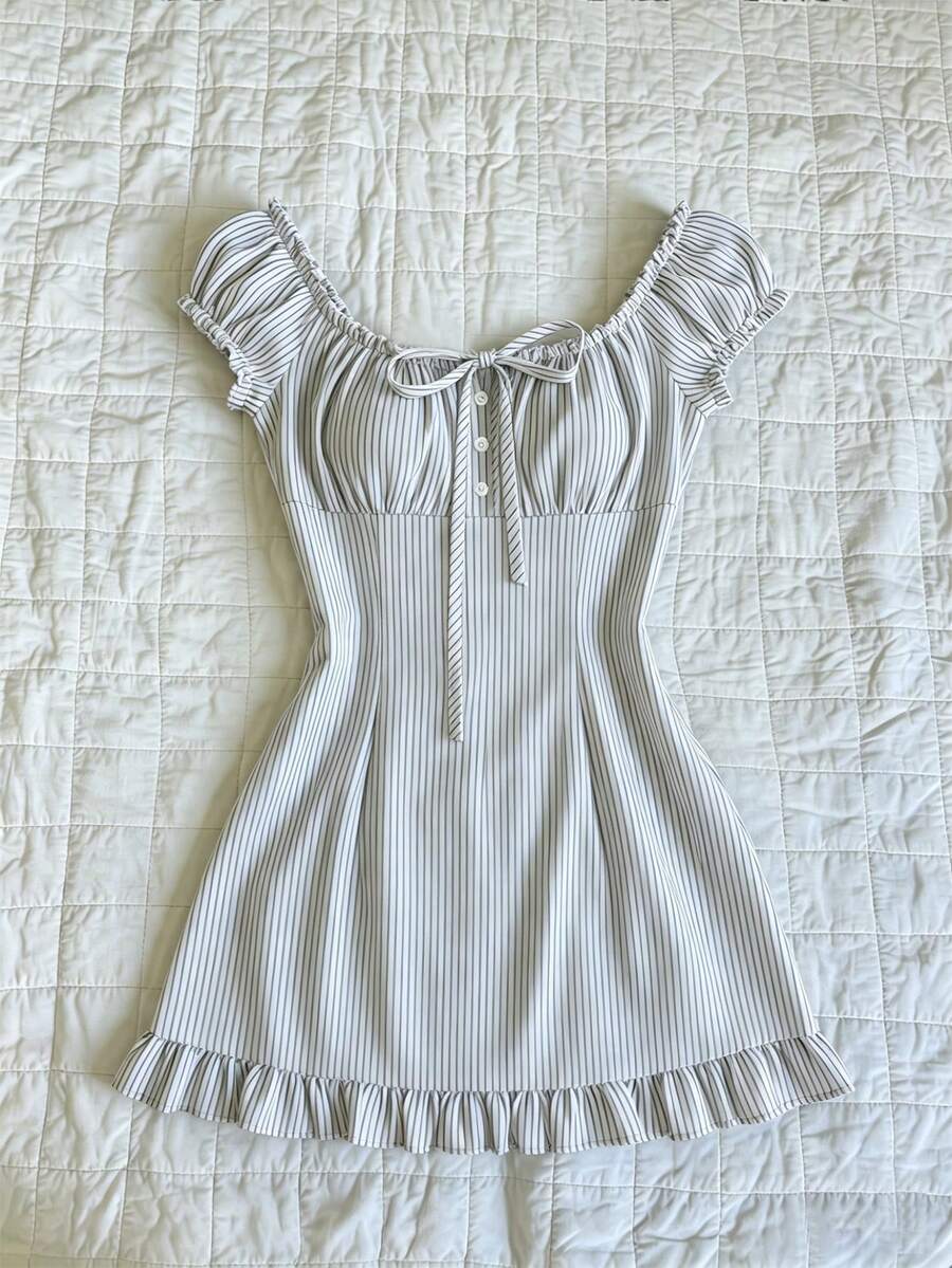 Elamini Women's Summer Casual Navy Blue Striped Fitted Low-Cut Ruffle Hem Mini Bodycon Dress - White - View 1