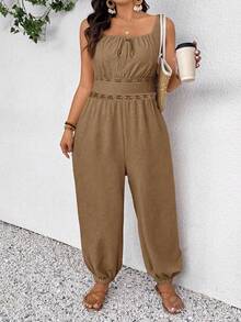 SHEIN Frenchy Plus Size Women Casual Vacation Spaghetti Strap Jumpsuits Fall - Brown - View 1