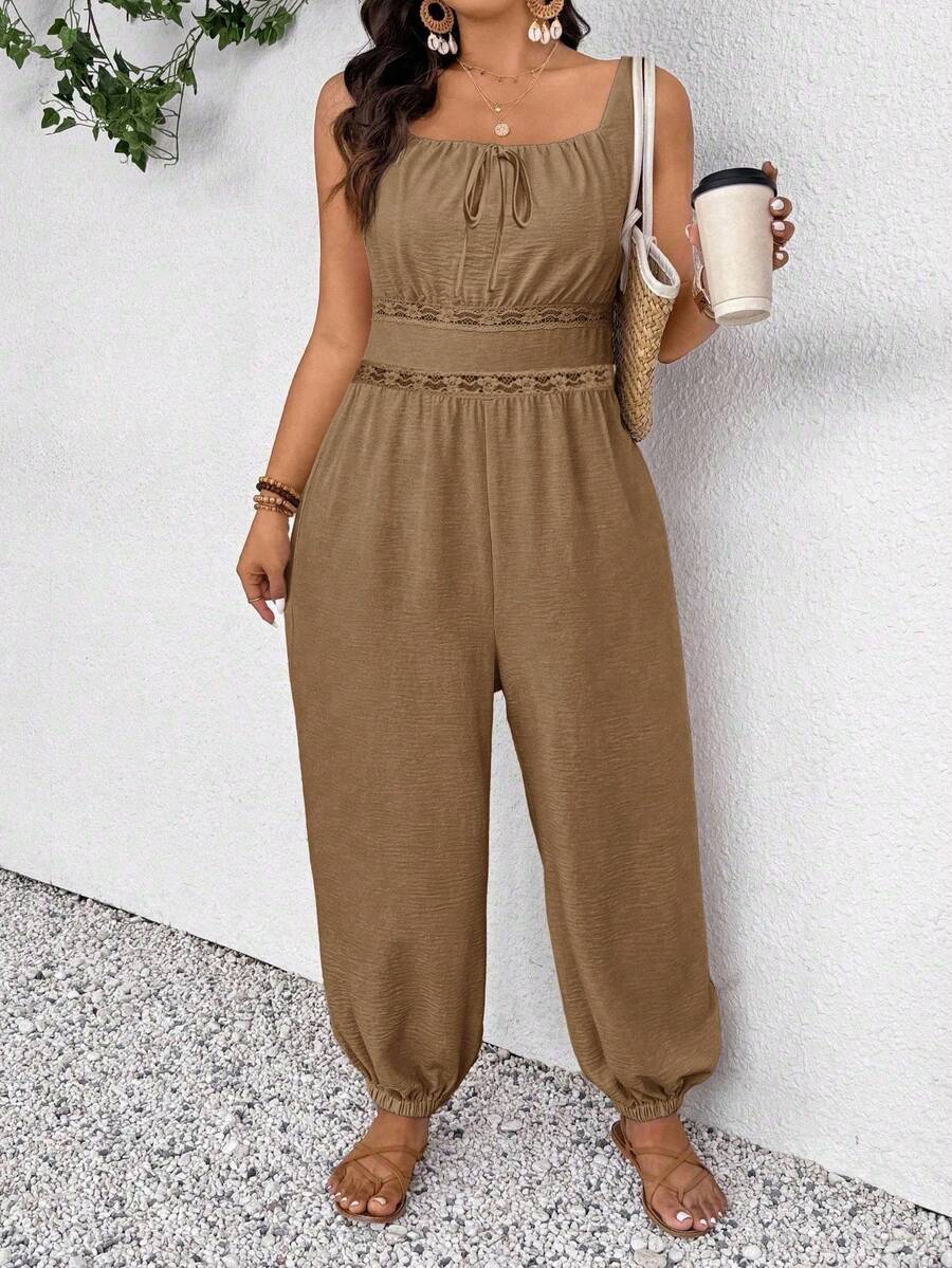 SHEIN Frenchy Plus Size Women Casual Vacation Spaghetti Strap Jumpsuits Fall - Brown - View 1