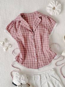 SHEIN Comfortcana Áo sơ mi nữ cổ bẻ cài cúc phía trước kẻ caro kiểu dáng thường ngày, thích hợp cho mùa hè. - Hồng - Xem 5