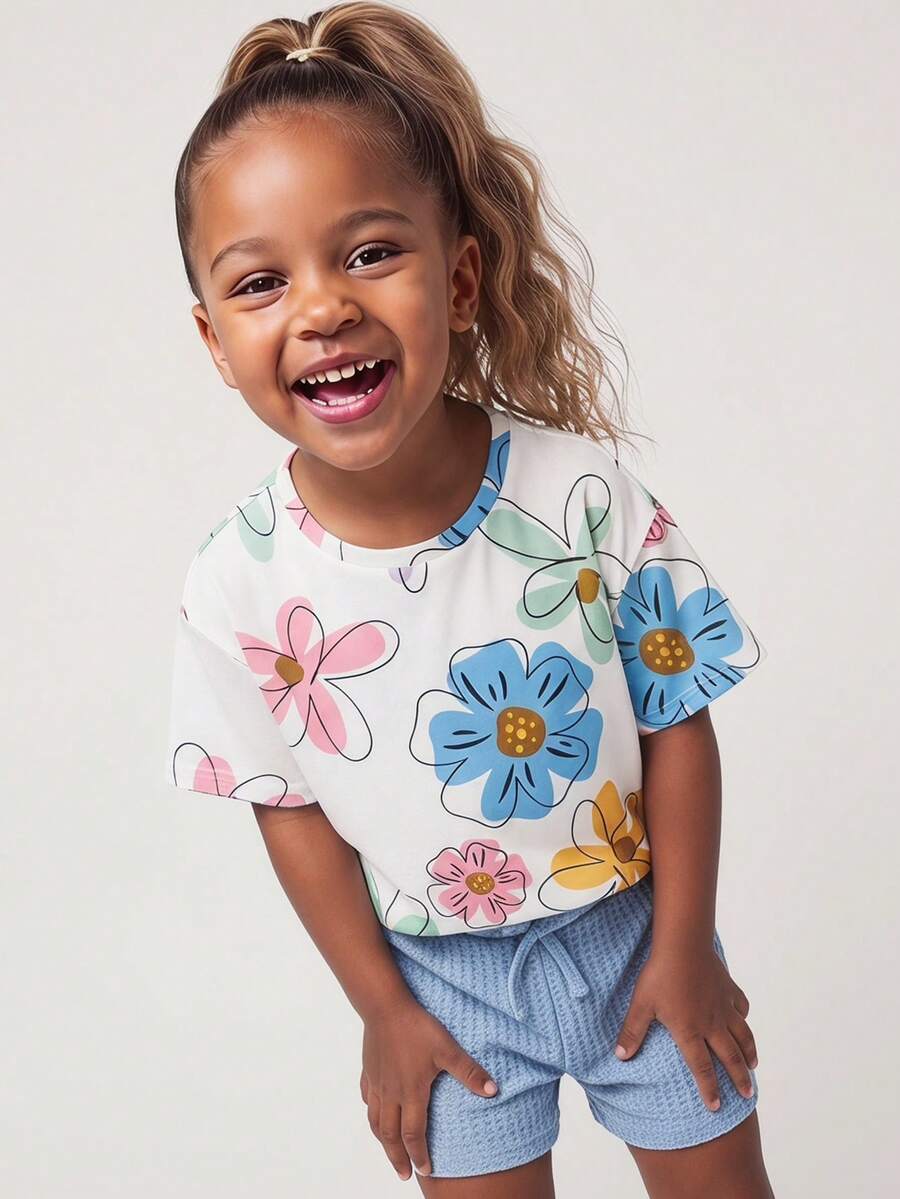 Maija Kids Maija Kids 两件套儿童/少女优雅休闲学院风宽松舒适针织彩色印花圆领短袖T恤和蓝色短裤套装,适合日常穿着、返校、旅行、度假、春夏季节。 - 彩色 - 查看 1