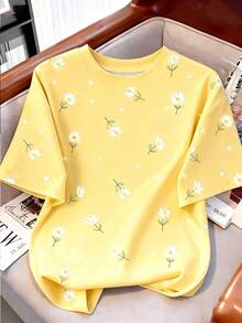Resyla Camiseta de manga corta casual de cuello redondo con estampado floral para mujer de talla grande - Amarillo - Ver 1