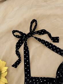 Kids Teen Girls Cute Polka Dot Print Backless Mini Dress,Black And White Double Layer Ruffled Hem Summer Beach Outfits For Holiday,Party,Old Money - Black - View 6