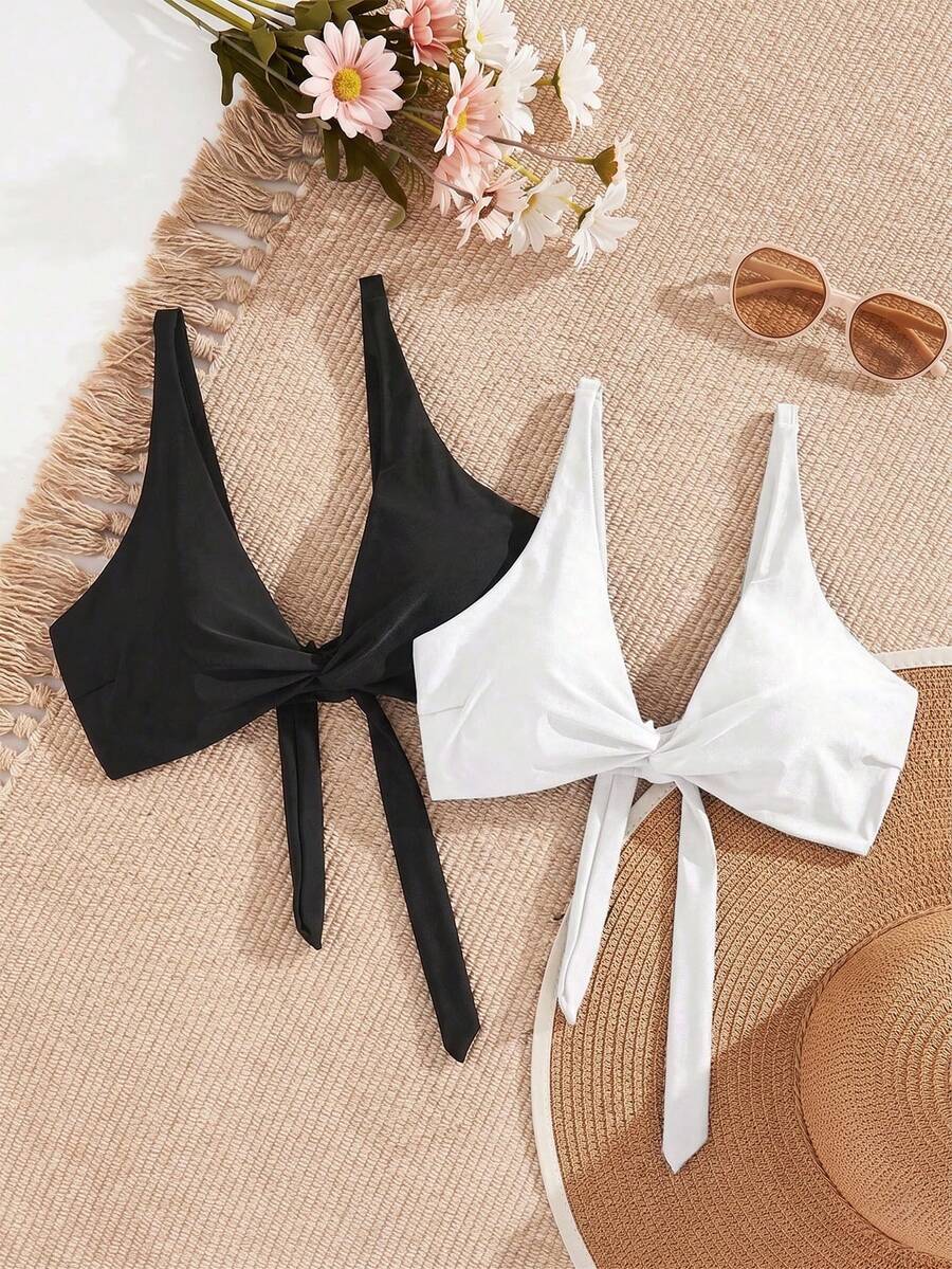 Swim Vcay Plus Size Women 2pcs Solid Color Front Twist Tankini Swimwear - Multicolor - View 1