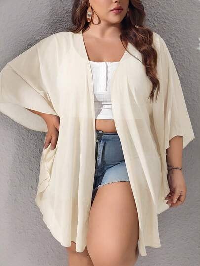 SHEIN CURVE+ Plus Size Solid Color Basic Kimono With Sheer Mesh Overlay